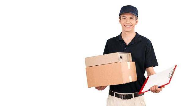 young delivery man isolated on white  - Photo, Image