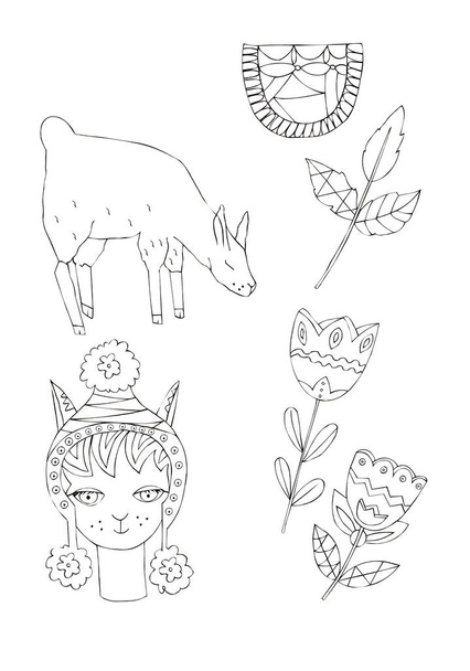 İzole beyaz bir arka plan üzerinde çiçekler ve bitkiler arasında bir hayvan alpaka siyah mürekkep çizim çizim illüstrasyon. - Fotoğraf, Görsel