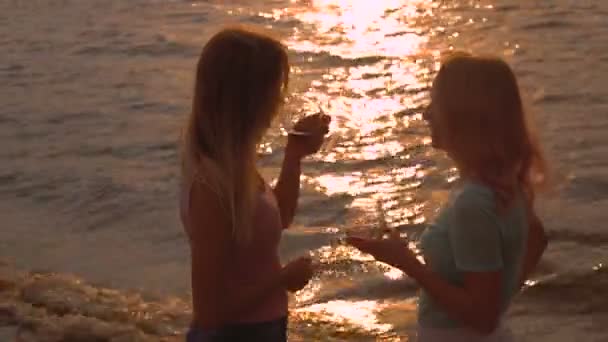 Tyttöystävät juovat viiniä rannalla. Tyttöystävät lavastettu piknik rannalla
 - Materiaali, video