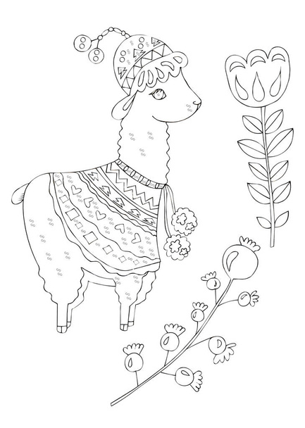 Ilustración de un dibujo de tinta negra de una alpaca animal entre flores y plantas sobre un fondo blanco aislado
. - Foto, Imagen