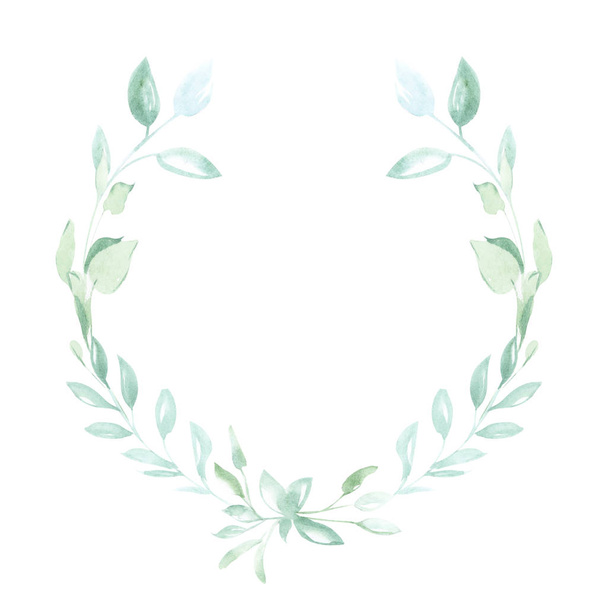 Illustration of watercolor drawing decorative elements of green plants and leaves in the form of frames on an isolated white background. - Photo, Image