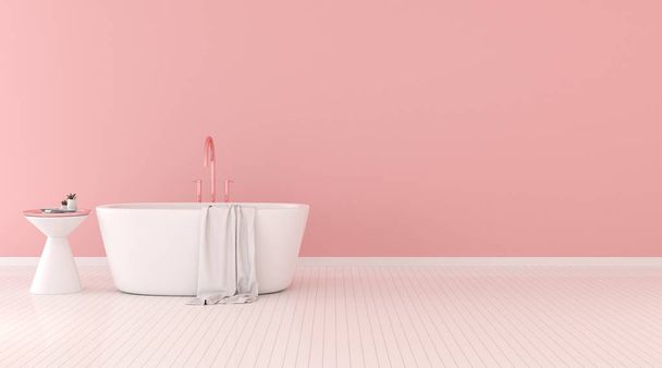 Pohled na vanu s postranním stolem a ručníkem, moderní interiérový design s pastelovou barevnou zdí. prostorové vykreslování - Fotografie, Obrázek