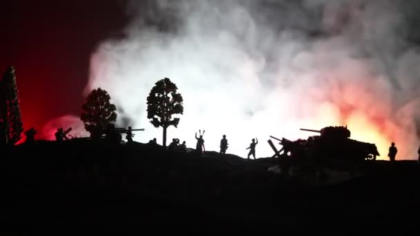 War Concept. Military silhouettes fighting scene on war fog sky background, World War German Tanks Silhouettes Below Cloudy Skyline At night. Attack scene. Armored vehicles and infantry. - Footage, Video