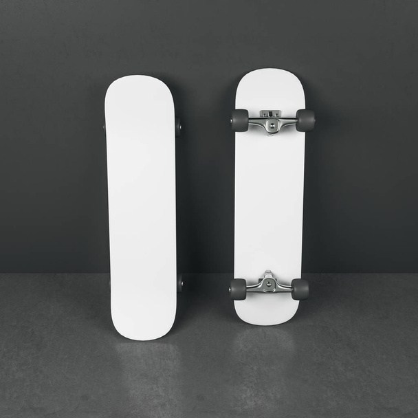 Three blank white and one black skateboards at dark grey background, mock up. 3D Rendering - Foto, Imagem