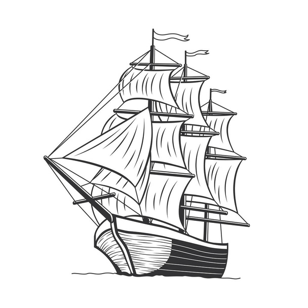Морський корабель, вітрило човна в морі. Старовинний вітер транспорт і подорожі. - Вектор, зображення