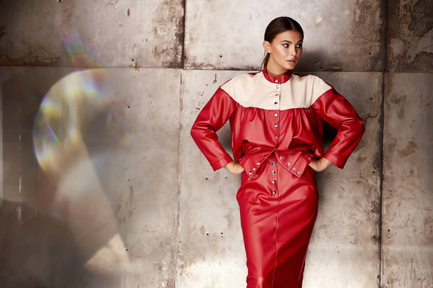 Sexy pretty fashion woman wear lather red suit skirt jacket casu - Fotografie, Obrázek