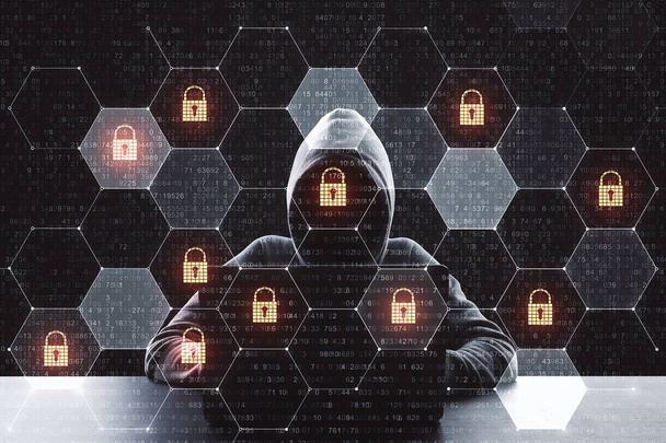 Concepto de crimen digital con hacker usando el ordenador portátil e iconos de bloqueo en las celdas.
. - Foto, imagen