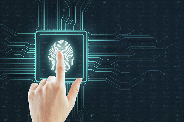 Cyber-Sicherheitskonzept mit digitalem Bildschirm mit Fingerabdruck und Mikrochip. - Foto, Bild