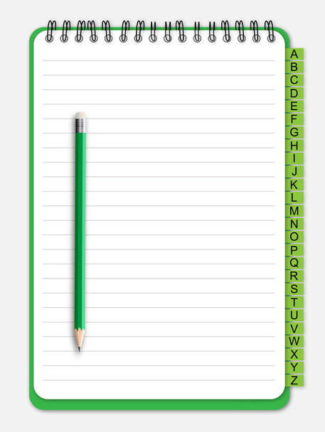 grünes Notizbuch mit Lesezeichen und Bleistift - Vektor, Bild