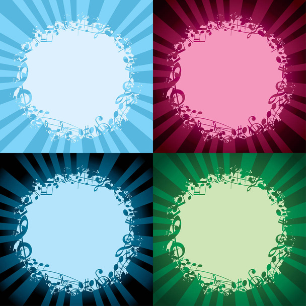 Цветные круглые музыкальные рамки на светлом фоне - векторные украшения с световыми балками
 - Вектор,изображение