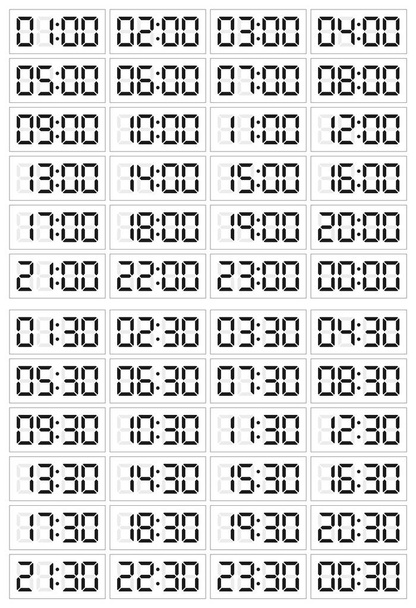 Set of digital clocks for business hours isolated on white. 24 h - Vector, Image