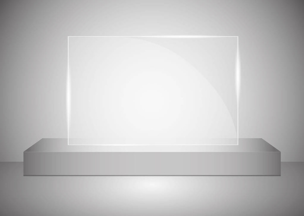 灰色の背景にスポットライトによって照らされるガラスの台座またはプラットホームが付いている長方形の表彰台。絵のように美しいライトのシーン。ベクトルイラスト - ベクター画像