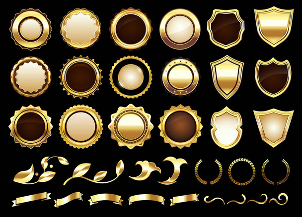 Elegant golden labels. Shields badges, gold ornamental scrolls amd retro label vector illustration set - Vector, Imagen