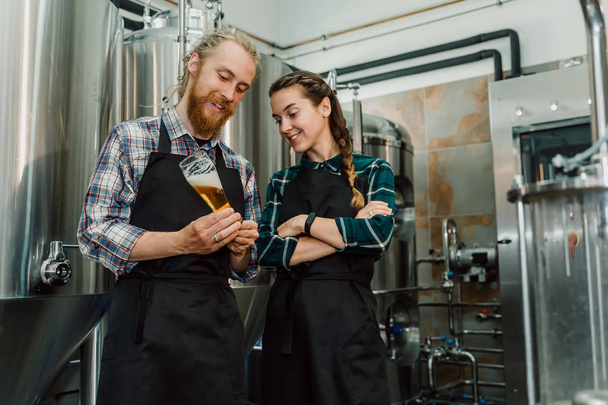 Brewery workers looking at freshly made beer in glass tube and discussing it. Male and female brewer testing beer at brewery factory. 4k. Small business concept. - Photo, image