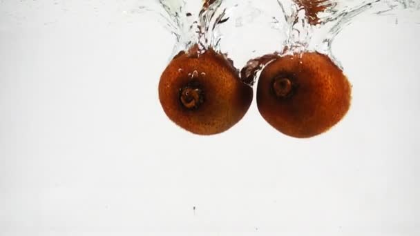 O kiwi está imerso em um recipiente de água com bolhas em câmera lenta. Kiwi em isolado um fundo branco
. - Filmagem, Vídeo