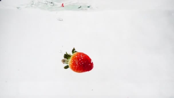 Φράουλες με φύλλα βυθισμένα σε νερό σε αργή κίνηση σε απομονωμένο λευκό φόντο. - Πλάνα, βίντεο
