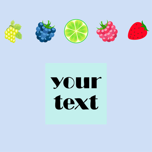 Fruits and berries. Colorful cartoon fruit icons: blackberry, raspberry, grape, strawberr, lime. Vector background. - ベクター画像