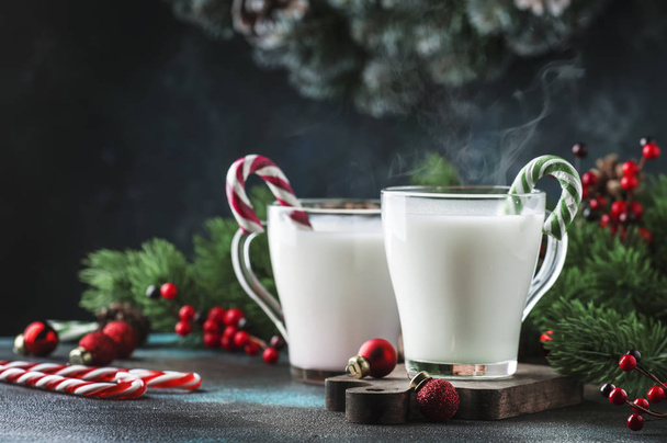 Hot winter white drink with candy sticks, Christmas or New Year decorations, dark background, rustic style, copy space - Foto, Imagem