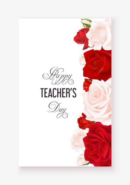 Finom fény és vörös rózsák fehér háttérrel és gratulációs szöveggel Boldog Tanárok Napját. Vektorillusztráció - Vektor, kép
