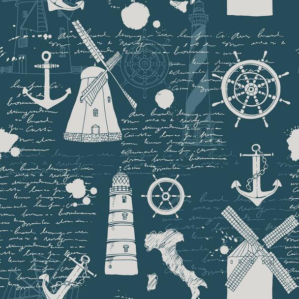 Vector abstract seamless pattern, theme of travel and adventure, old manuscript, text, lighthouses, wind mills, ship wheels, anchors and other nautical symbols, vintage background - Vettoriali, immagini