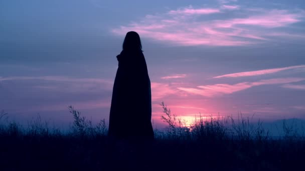 sorceress in cloak at halloween posing outdoors - Footage, Video