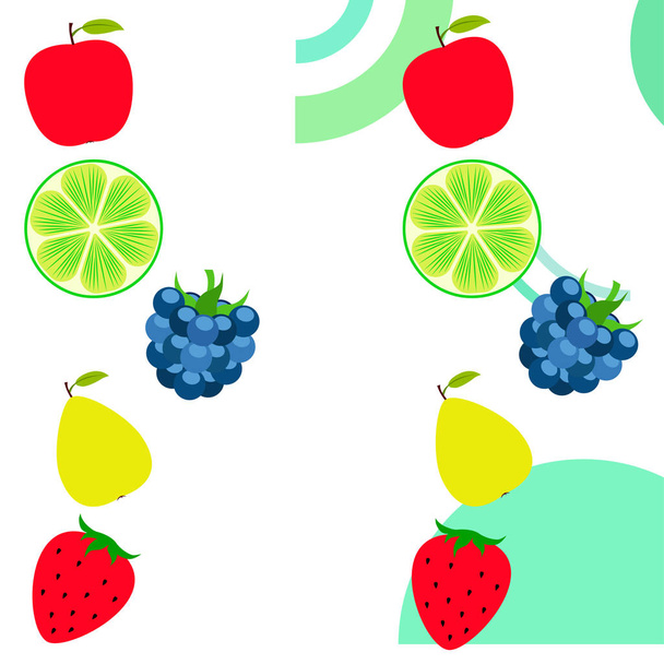 Früchte und Beeren. bunte Comic-Frucht-Ikonen: Apfel, Birne, Brombeere, Erdbeere, Limette. Vektorhintergrund. - Vektor, Bild