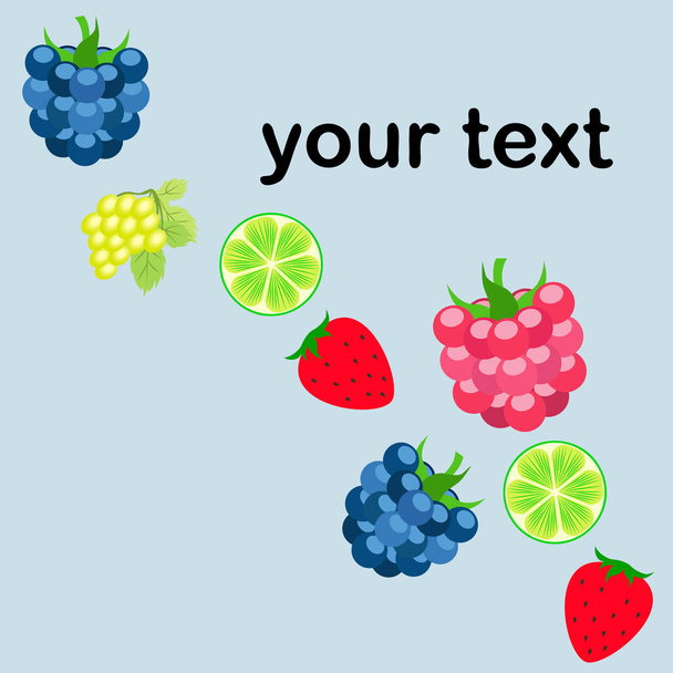 Fruits and berries. Colorful cartoon fruit icons: blackberry, raspberry, grape, strawberr, lime. Vector background. - Vecteur, image