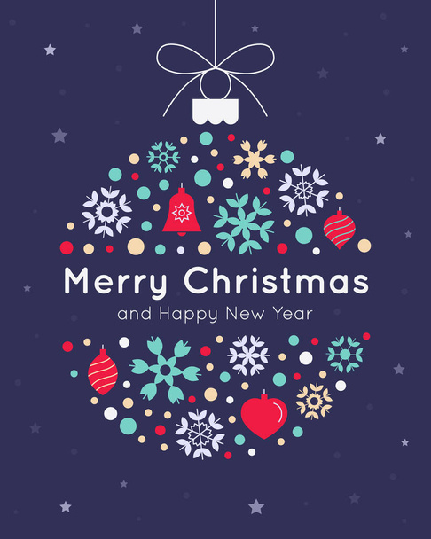 Christmas card template with christmas ball made from snowflakes and christmas decorations isolated on the dark background. - ベクター画像