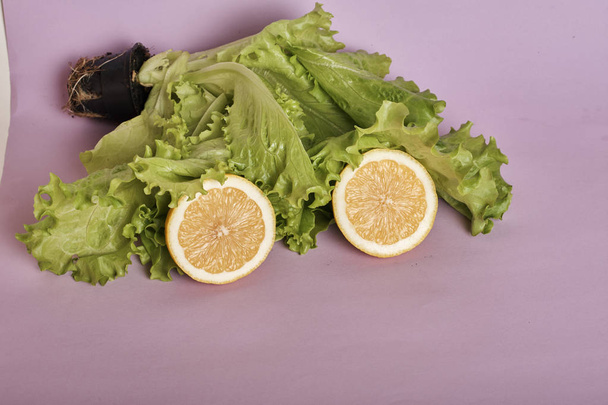 close-up view of fresh lemon slices and lettuce leaves on purple background         - Zdjęcie, obraz