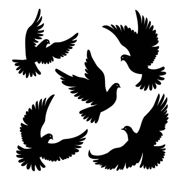 Set of dove silhouettes. Vector illustration. Flying birds. - Вектор,изображение