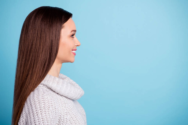 Profile side of funky cute sweet girl look listen have free time with her friends wear trend jumper isolated over blue color background - Foto, immagini