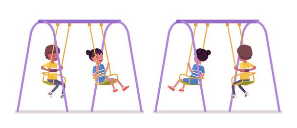 Boy and girl black child 7 to 9 years old on swings - Vector, Image
