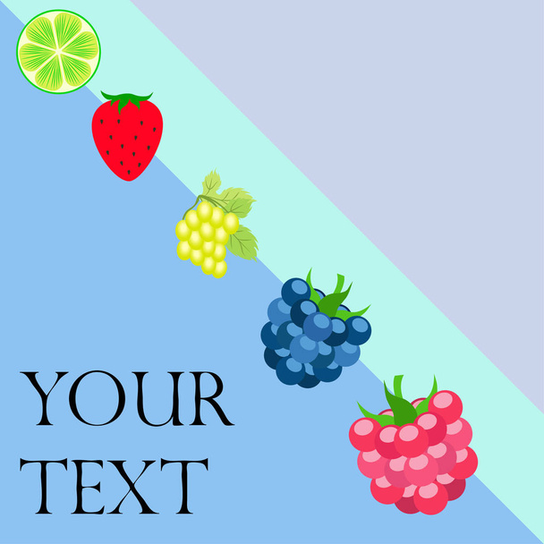 Fruits and berries. Colorful cartoon fruit icons: blackberry, raspberry, grape, strawberr, lime. Vector background. - Vetor, Imagem