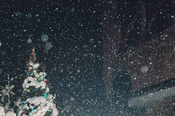 Сніг приходить з неба в різдвяну ніч і зливається з ялинками
 - Фото, зображення