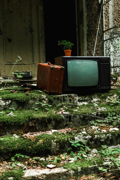 retro tv perto de saco de viagem vintage em escadas verdes com molde
  - Foto, Imagem