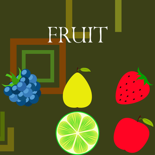 Fruits and berries. Colorful cartoon fruit icons: apple, pear, blackberry, strawberry, lime. Vector background. - Διάνυσμα, εικόνα