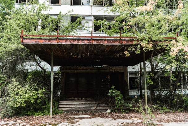 Verlassenes Gebäude in der Nähe grüner Bäume mit Blättern in Tschernobyl  - Foto, Bild