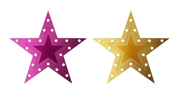 Retro style star shape light sign set. Golden and purple vintage banner with copy space. Vector illustration. - Vector, Image