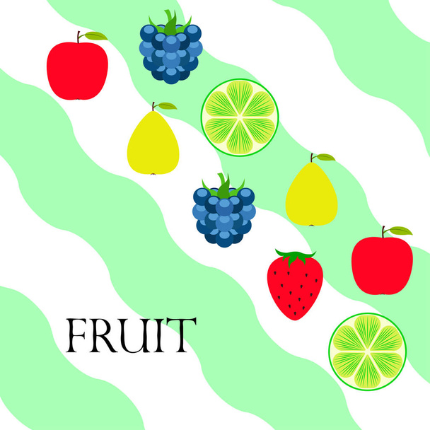 Fruits et baies. icônes colorées de fruits de dessin animé : pomme, poire, mûre, fraise, citron vert. Fond vectoriel
. - Vecteur, image