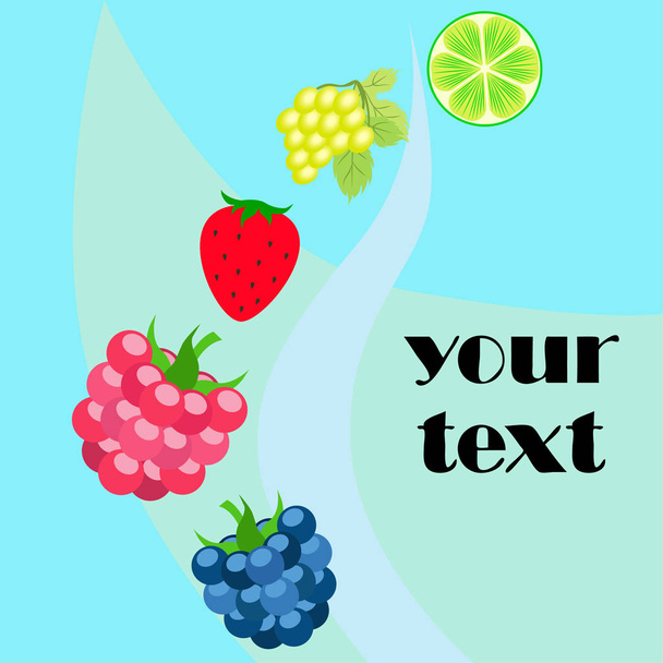 Fruits and berries. Colorful cartoon fruit icons: blackberry, raspberry, grape, strawberr, lime. Vector background. - Вектор,изображение