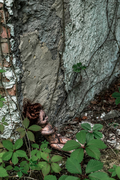 Dětská panenka poblíž zelených listů a zdí v Černobylu  - Fotografie, Obrázek
