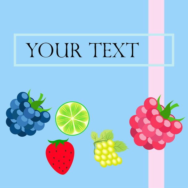 Fruits and berries. Colorful cartoon fruit icons: blackberry, raspberry, grape, strawberr, lime. Vector background. - Vektori, kuva