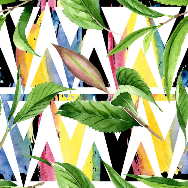 Green tea leaves. Watercolor background illustration set. Seamless background pattern. - Zdjęcie, obraz