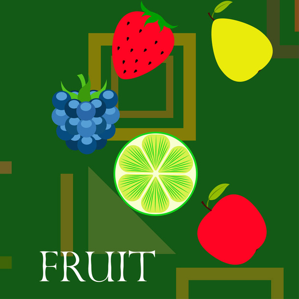 Fruits and berries. Colorful cartoon fruit icons: apple, pear, blackberry, strawberry, lime. Vector background. - Вектор, зображення