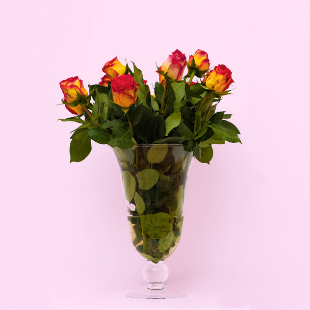 Bouquet of roses in a vase on a white wall. Minimal - Fotografie, Obrázek