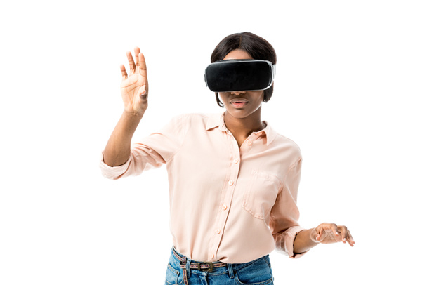 african american woman in shirt with virtual reality headset isolated on white  - 写真・画像