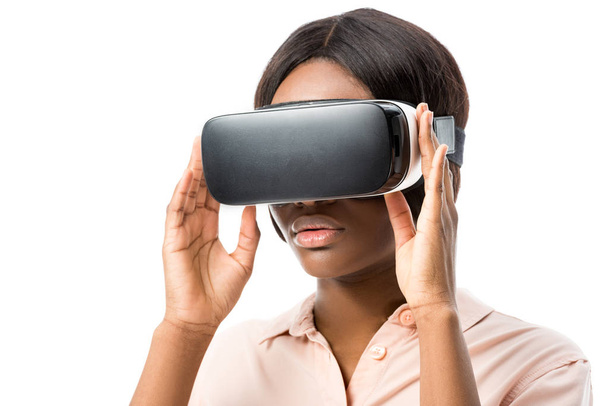 african american woman in shirt with virtual reality headset isolated on white  - Photo, Image