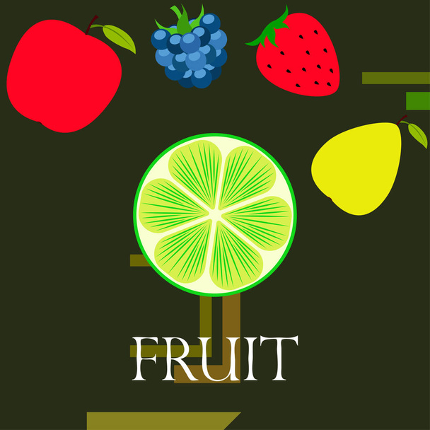 Fruits and berries. Colorful cartoon fruit icons: apple, pear, blackberry, strawberry, lime. Vector background. - Vetor, Imagem