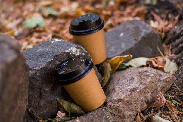 Disposable paper cup with plastic beverage lid among fallen, autumn, yellowed foliage and stones. - Photo, Image