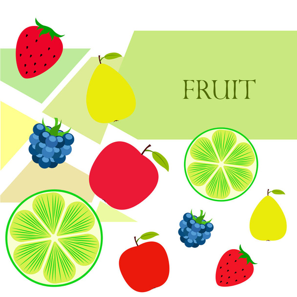 Gyümölcsök és bogyók. Színes karikatúra gyümölcs ikonok: alma, körte, szeder, eper, lime. Vektorháttér. - Vektor, kép